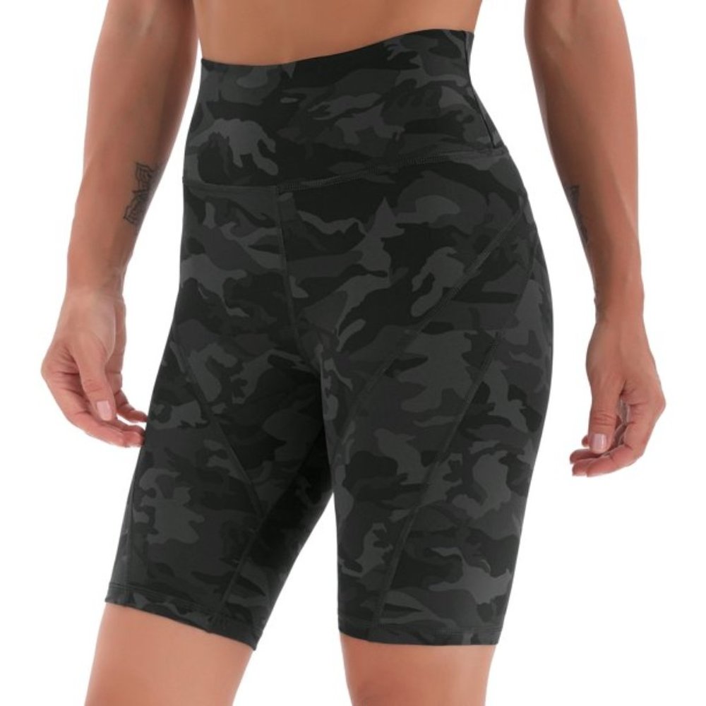 Women's 8" High Waisted Yoga Biker Shorts Black Camouflage